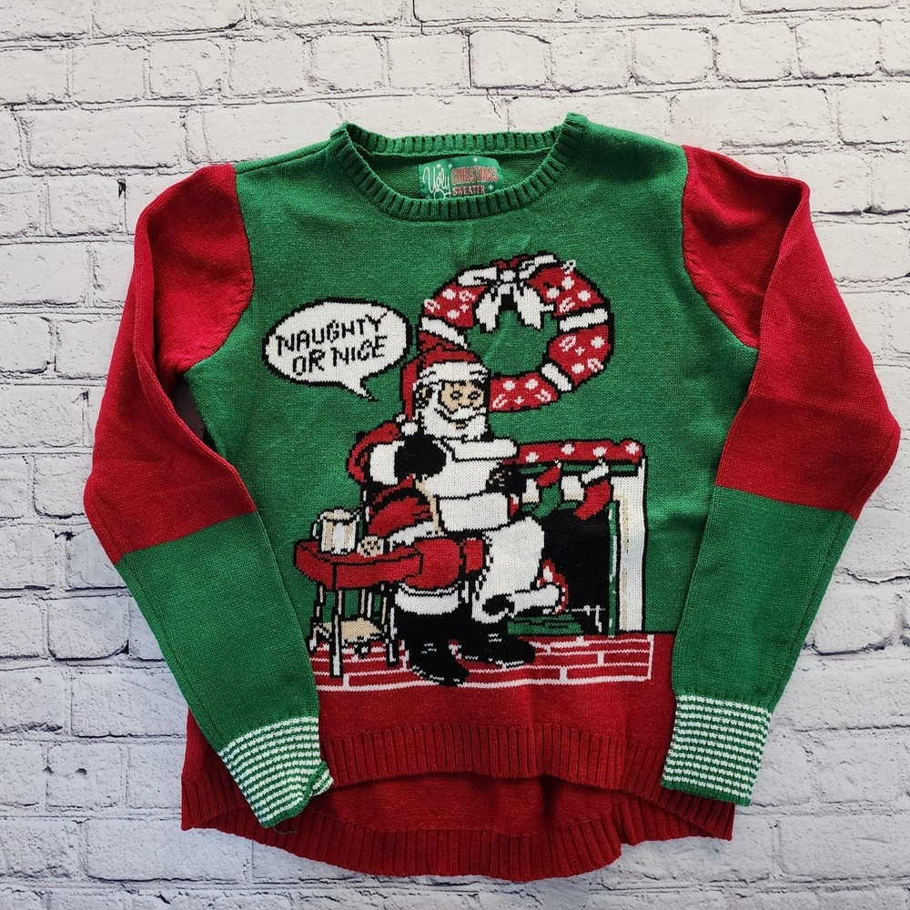 Naughty Or Nice Santa Ugly Christmas Sweater Womens M Green Red Knit Hi Lo
